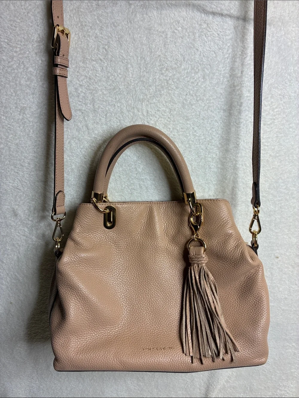 Vince Camuto Pebbled Leather Satchel in Dusty Taupe with Tassel